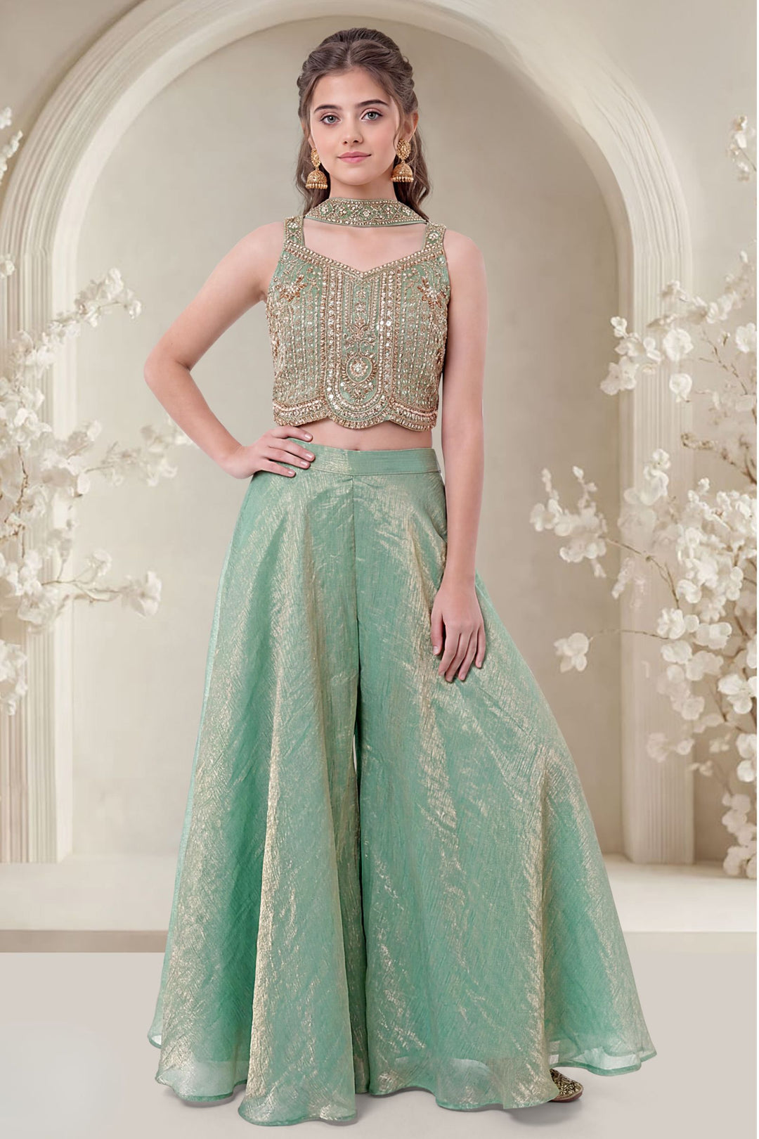 Sea Green Zari, Beads and Sequins work Palazzo Suit Set for Girls