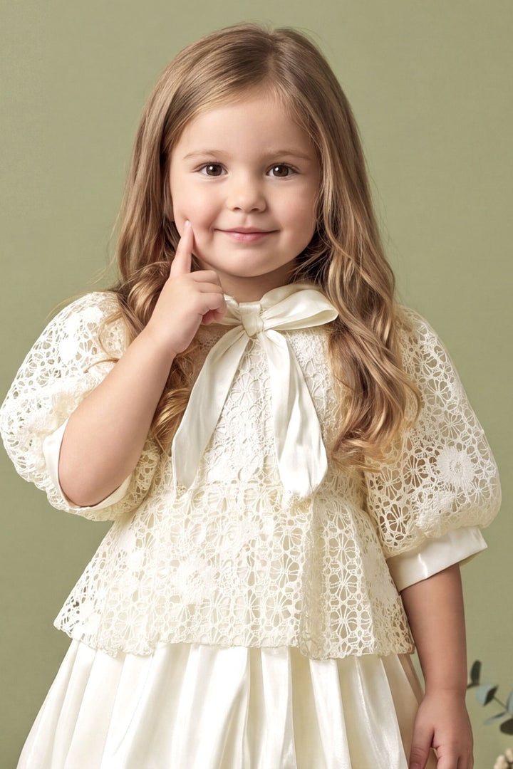 Cream Lace Bubble Hem Short Frock for Girls