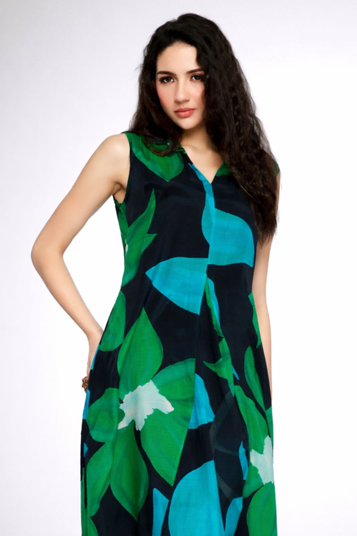 Navy Blue Stone work with Multicolor Digital Print A-line Cut Calf Length Kurti