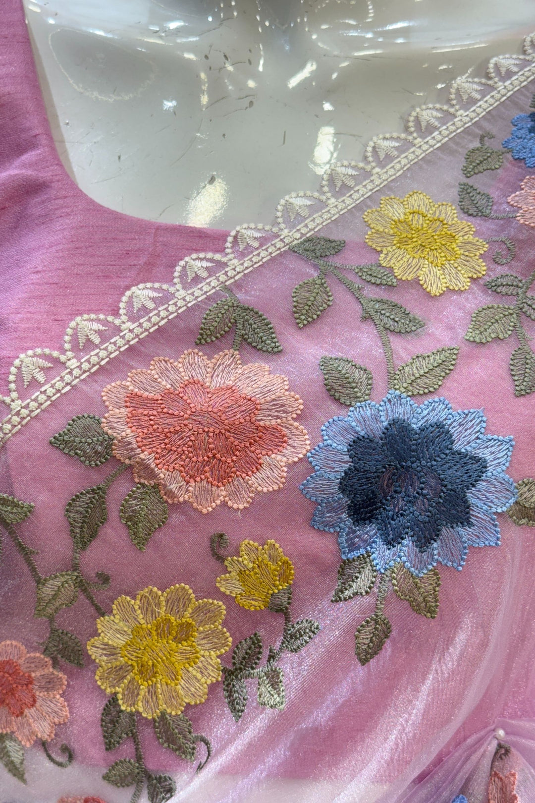 Lilac Multicolor Embroidery work Saree