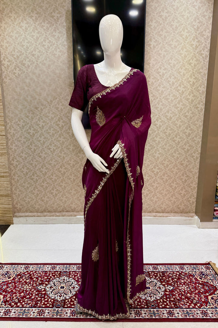 Wine Mirror, Pearl, Zardozi, Stone and Beads work Saree