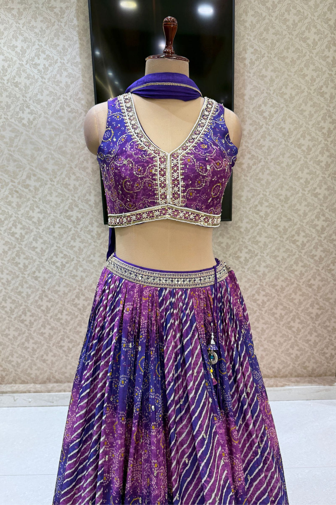 Purple Zari, Sequins and Beads work with Bandini and Leheriya Print Crop Top Lehenga