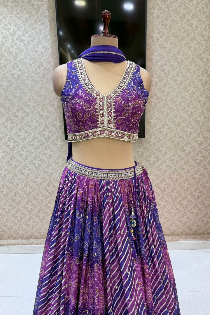 Purple Zari, Sequins and Beads work with Bandini and Leheriya Print Crop Top Lehenga