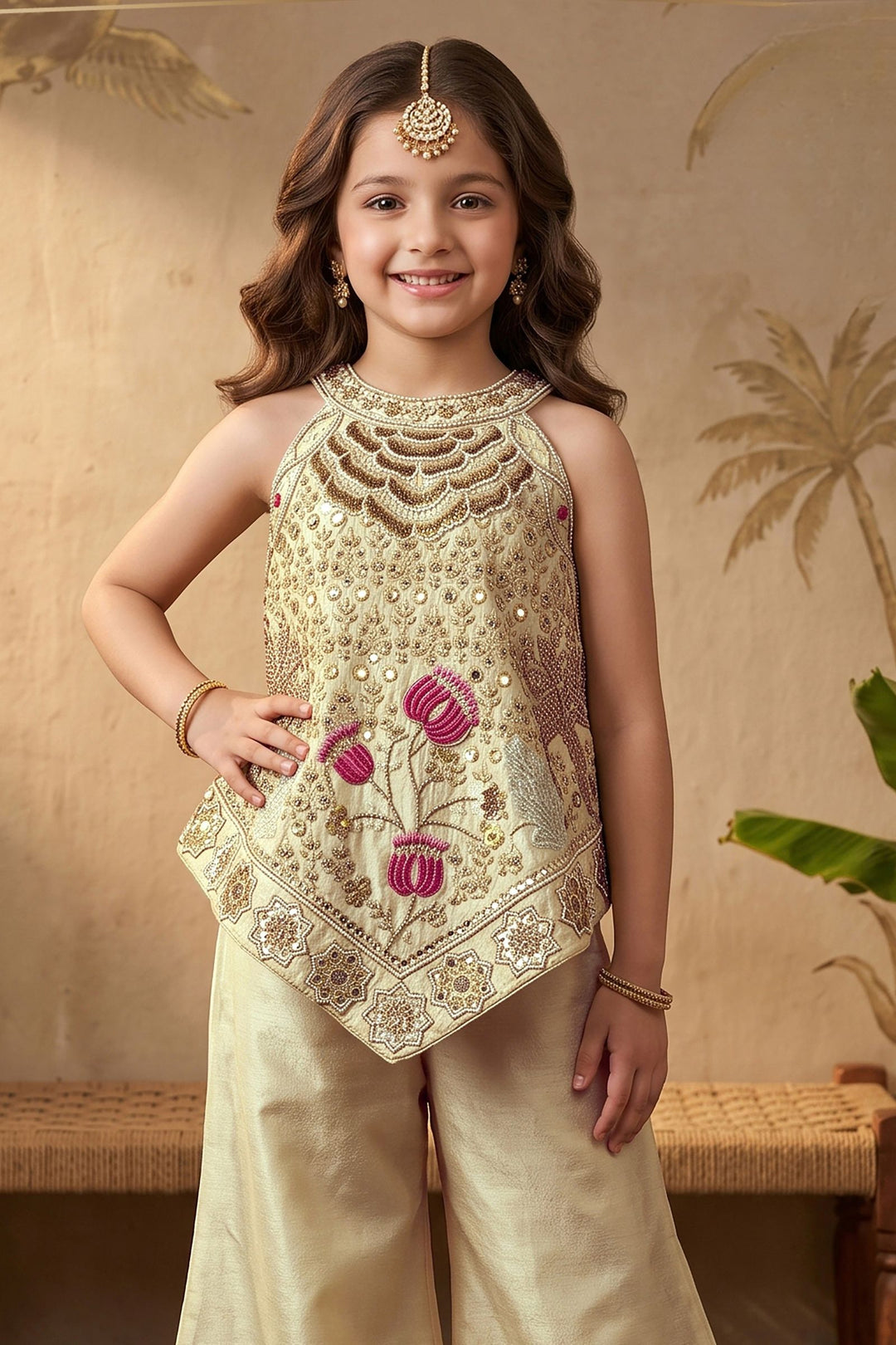 Beige Beads, Zari and Sequins work Palazzo Suit Set for Girls