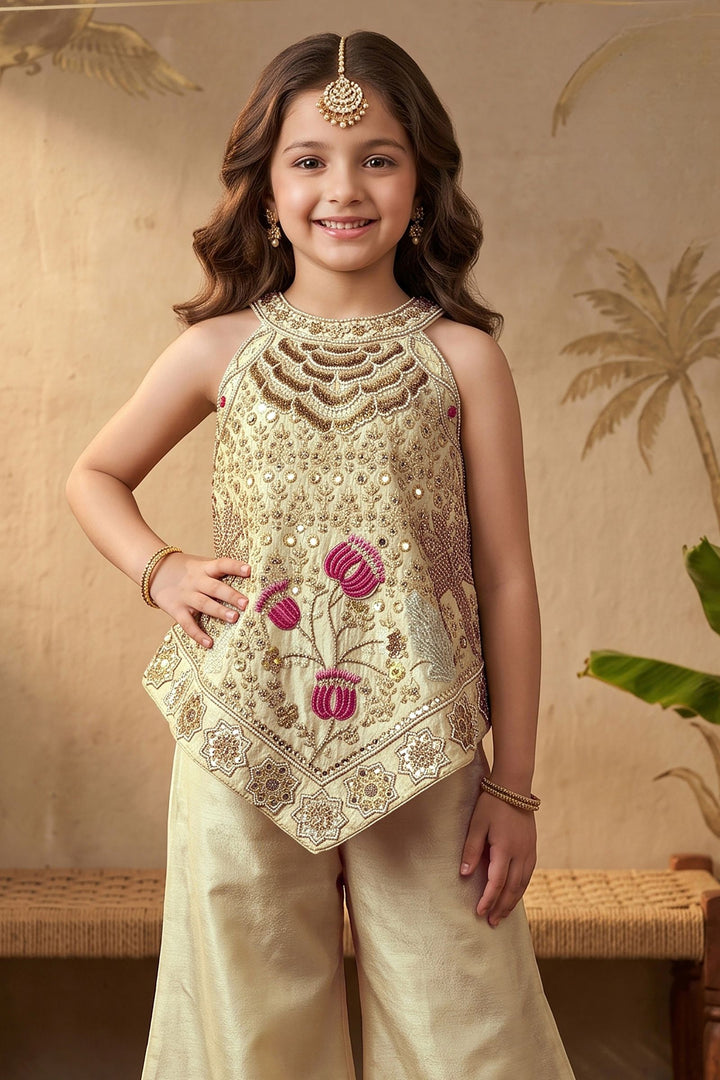 Beige Beads, Zari and Sequins work Palazzo Suit Set for Girls