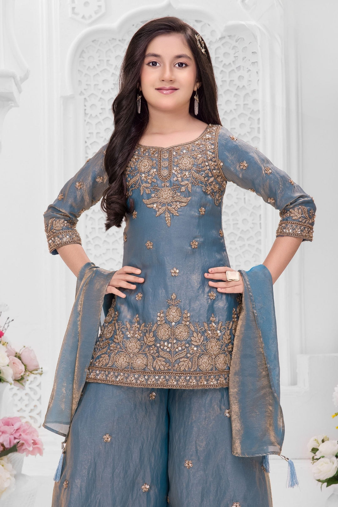 Greyish Blue Beads, Zari and Sequins work Palazzo Suit Set for Girls