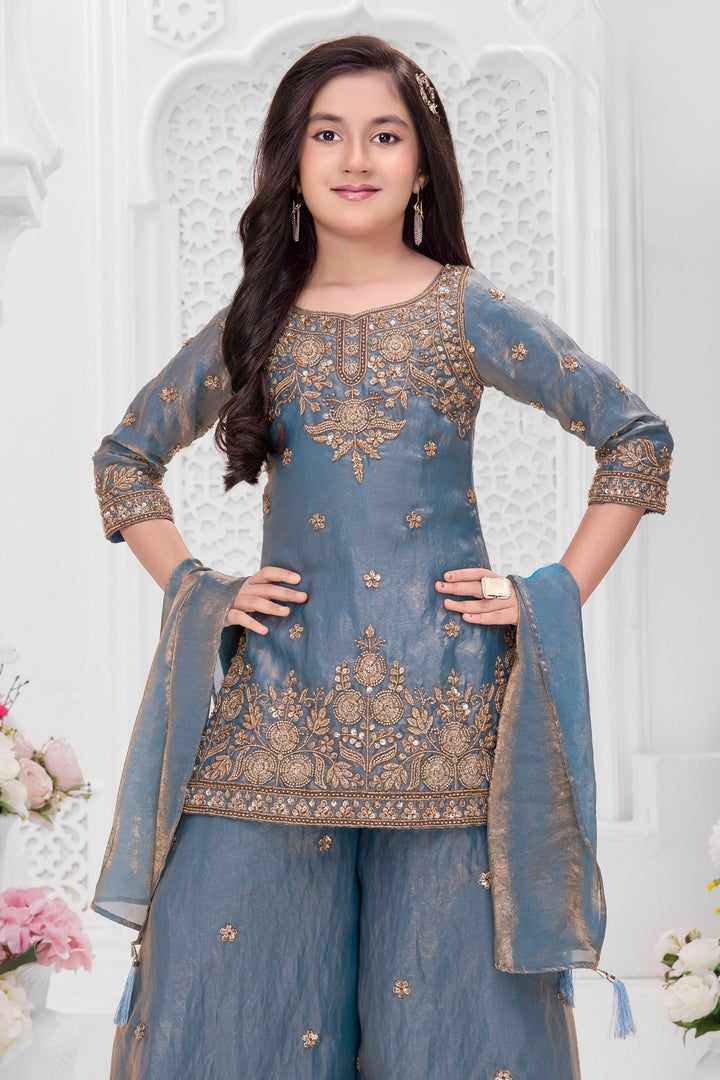 Greyish Blue Beads, Zari and Sequins work Palazzo Suit Set for Girls