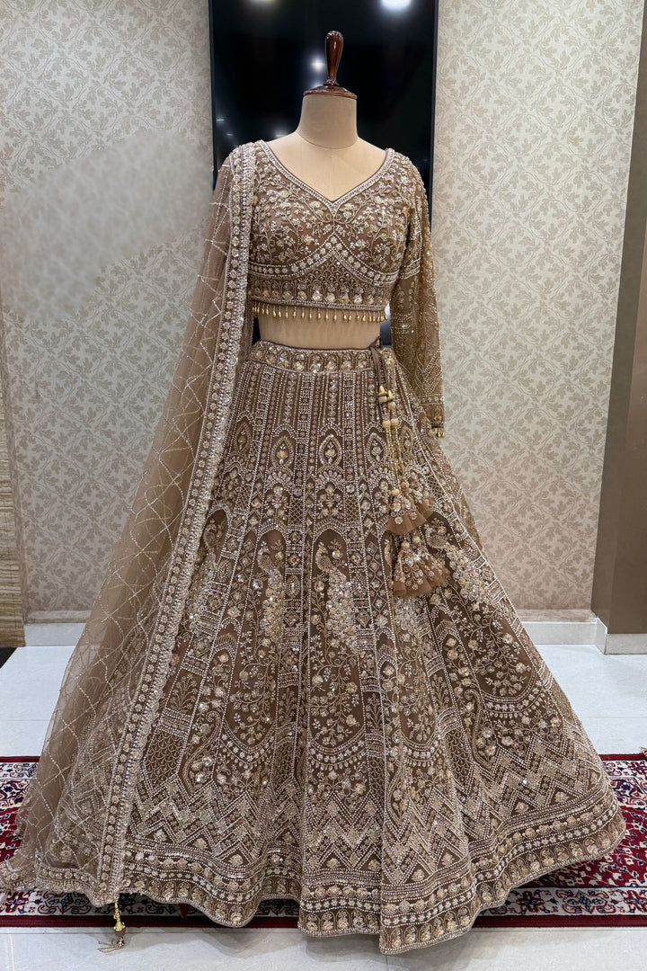 Copper Sequins, Pearl and Zari work Flared Lehenga Set with Peacock Motifs