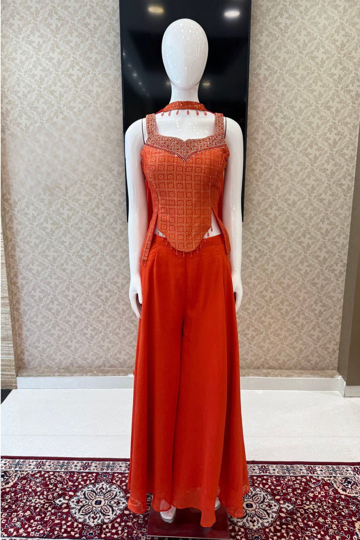 Orange Banaras, Stone, Mirror and Beads work Palazzo Suit Set