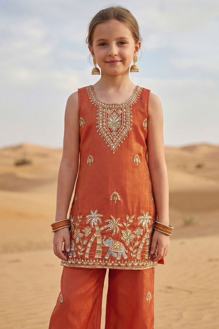Orange Beads, Zari and Thread work Palazzo Suit Set for Girls