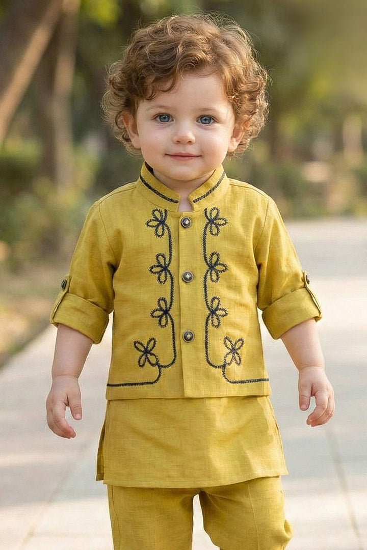 Mustard Thread work Waist Coat Kurta Set for Boys