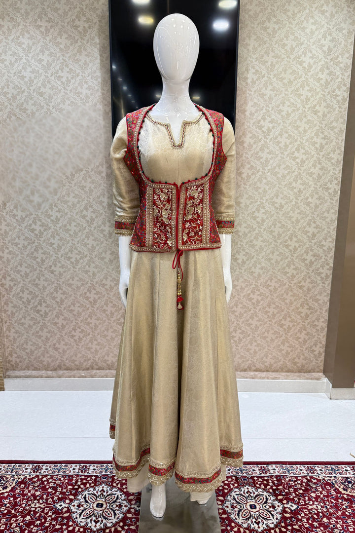 Beige Zardozi and Banaraswork Anarkali Style with jacket Salwar Suit with Palazzo Pant