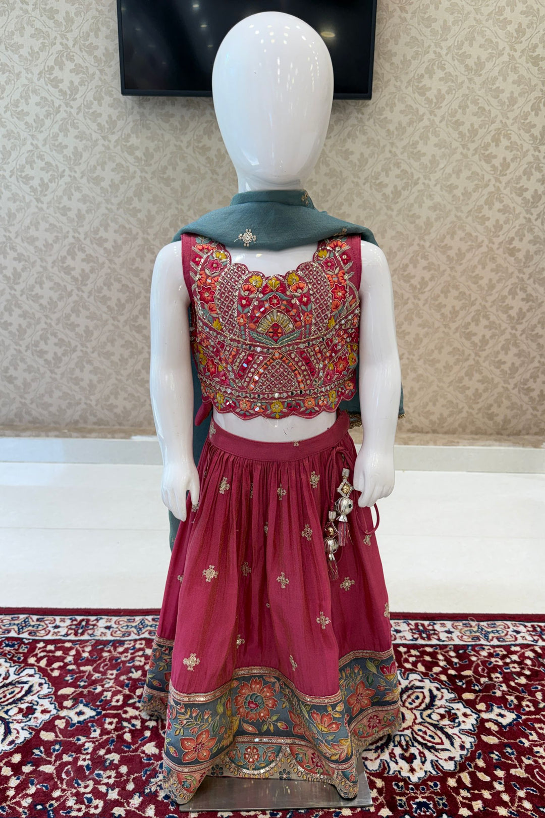 Pinkish Red Mirror, Embroidery, Beads and Sequins work Lehenga Choli for Girls