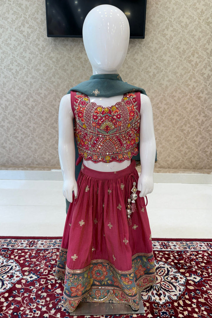 Pinkish Red Mirror, Embroidery, Beads and Sequins work Lehenga Choli for Girls