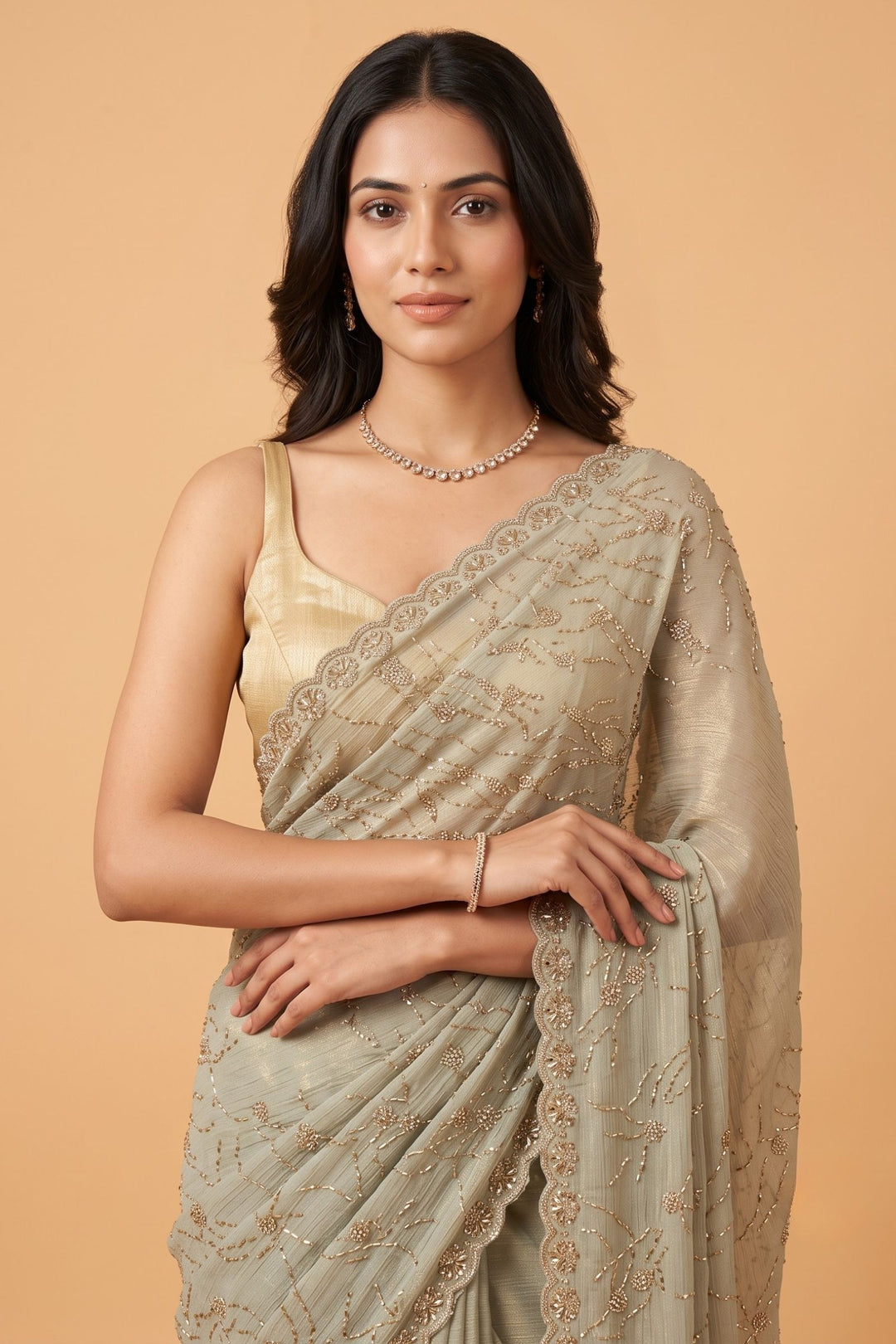 Light Pista Green Saree Featuring Stone and Beads work