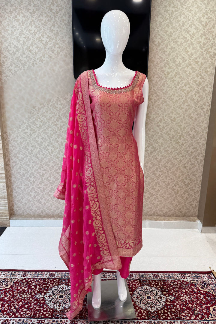 Rani Pink Beads, Mirror, Stone, Banaras and Brocade work Straight Cut Salwar Suit