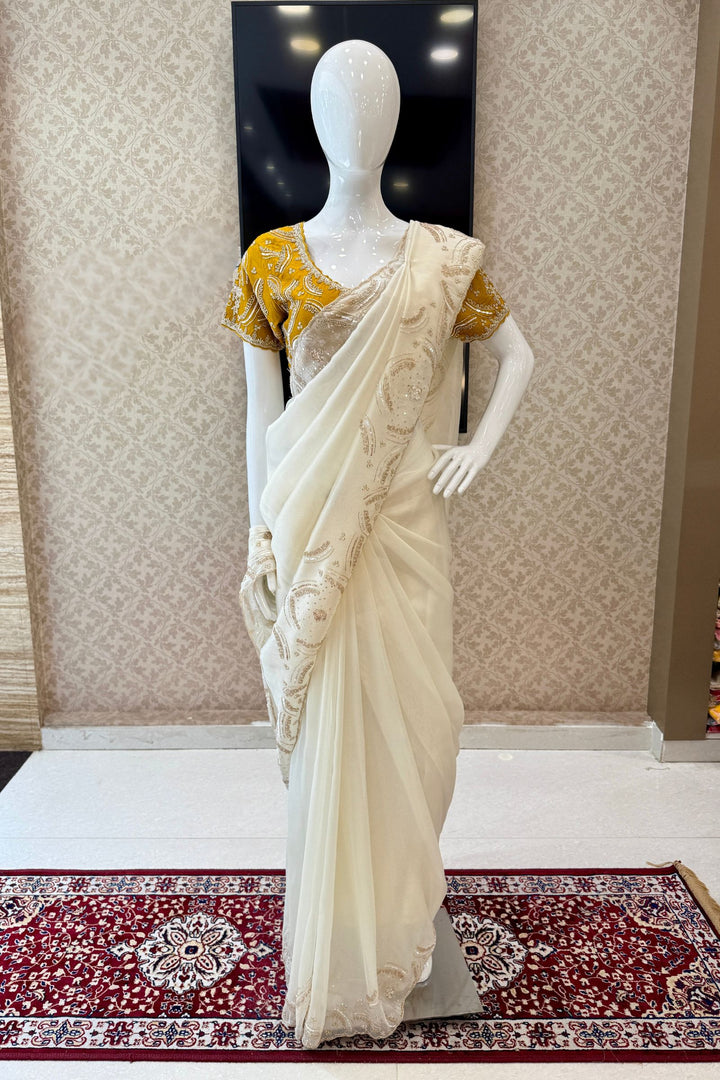 Half White Beads, Sequins and Thread work Saree