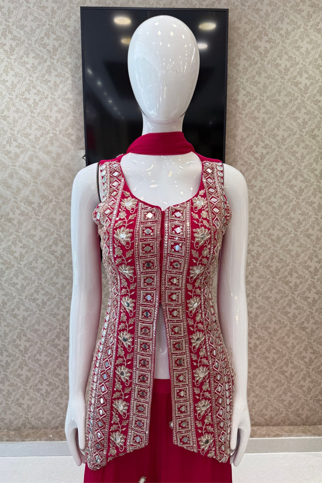 Rani Pink Mirror, Beads, Sequins and Zari work Palazzo Salwar Suit
