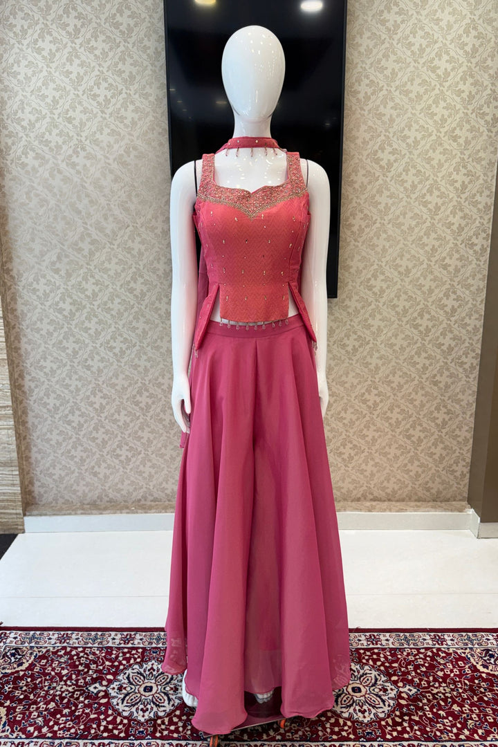 Lotus Pink Banaras, Stone, Mirror and Beads work Palazzo Suit Set