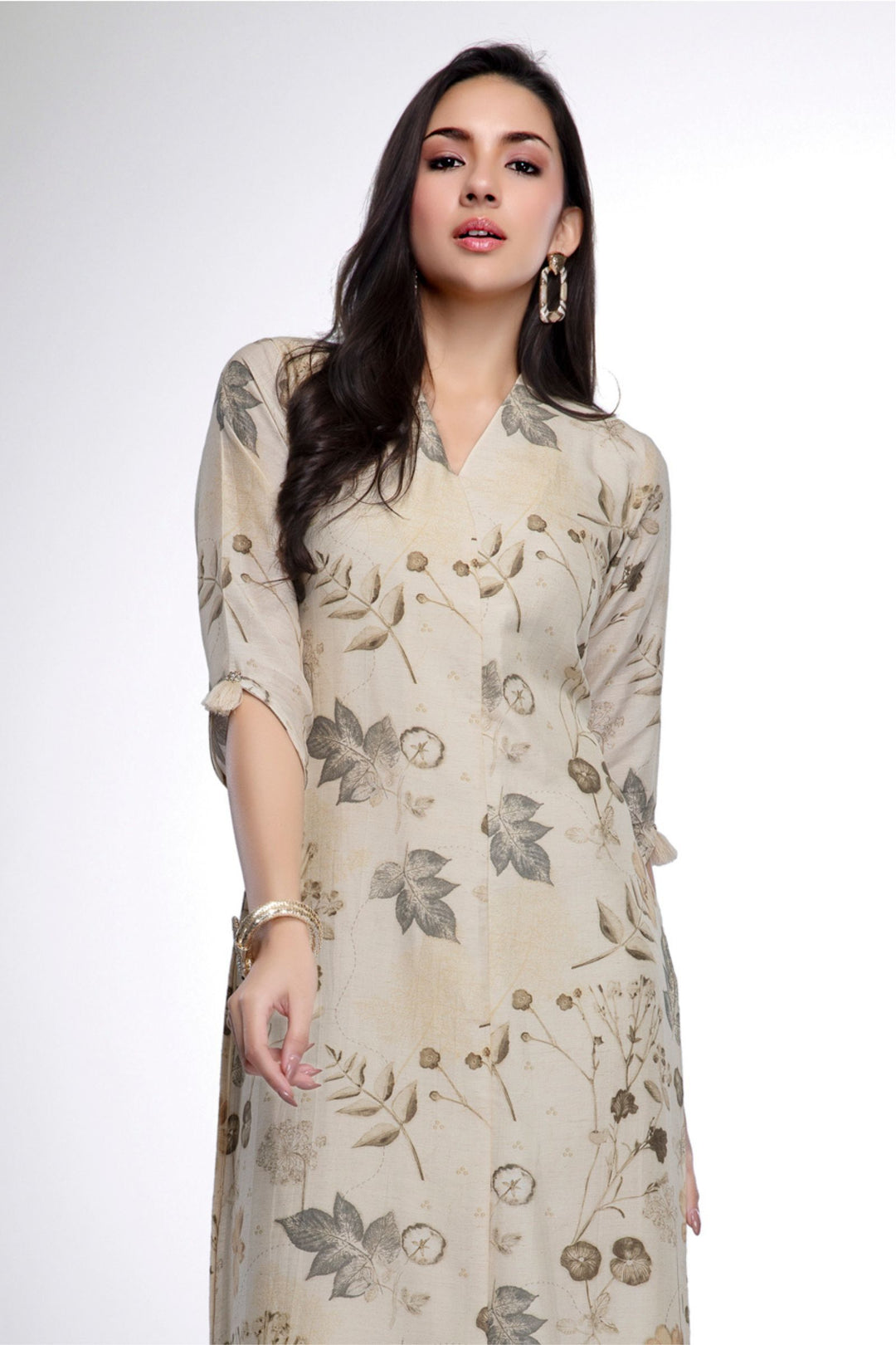 Cream with Digital Print and Stone work Calf Length Kurti