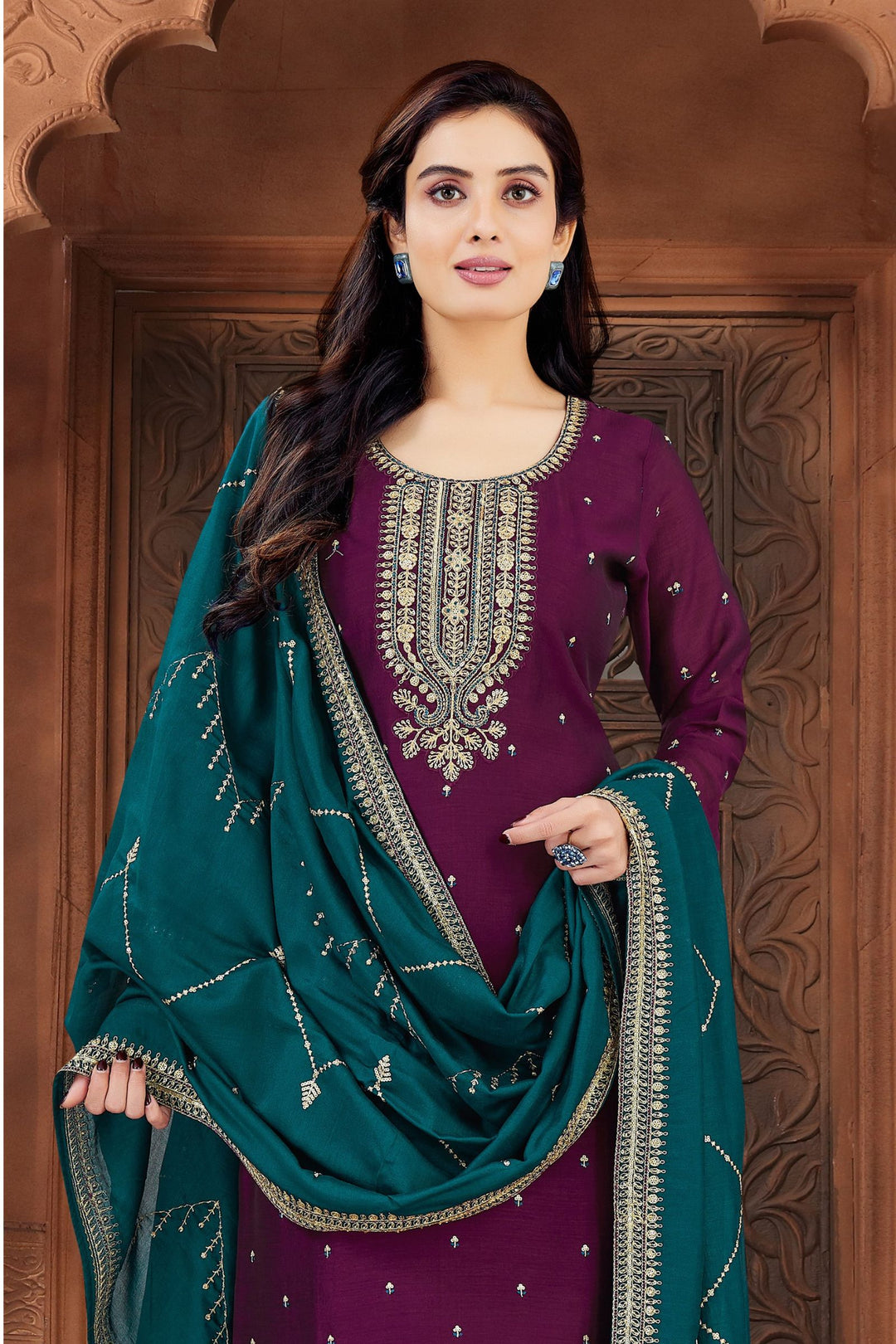 Wine Sequins, Zari, Thread and Beads work Straight Cut Salwar Suit