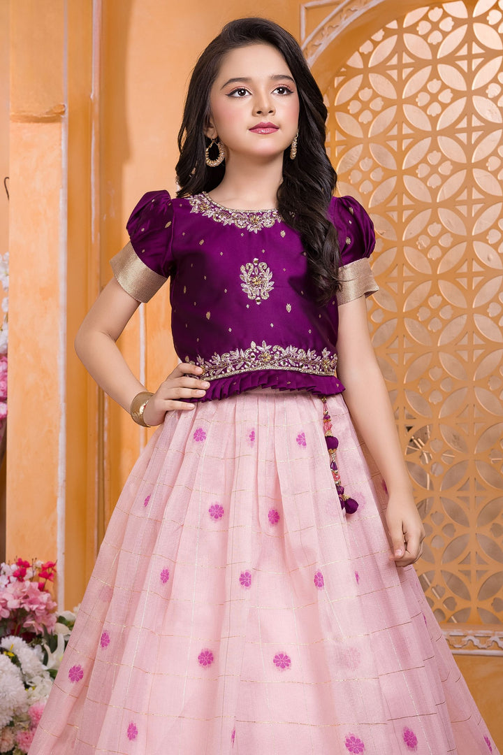 Wine with Light Pink Zardozi, Stone, Beads and Banaras Zari work Lehenga Choli for Girls