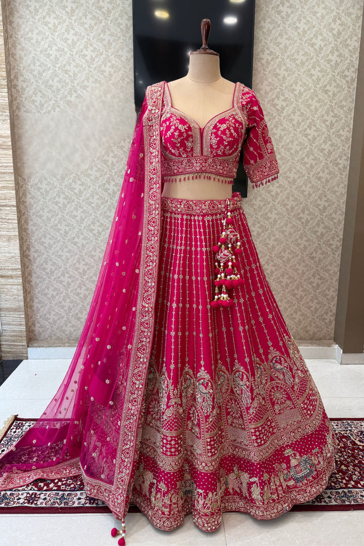 Rani Pink Beads, Zari, Sequins and Embroidery work Crop Top Designer Bridal Lehenga