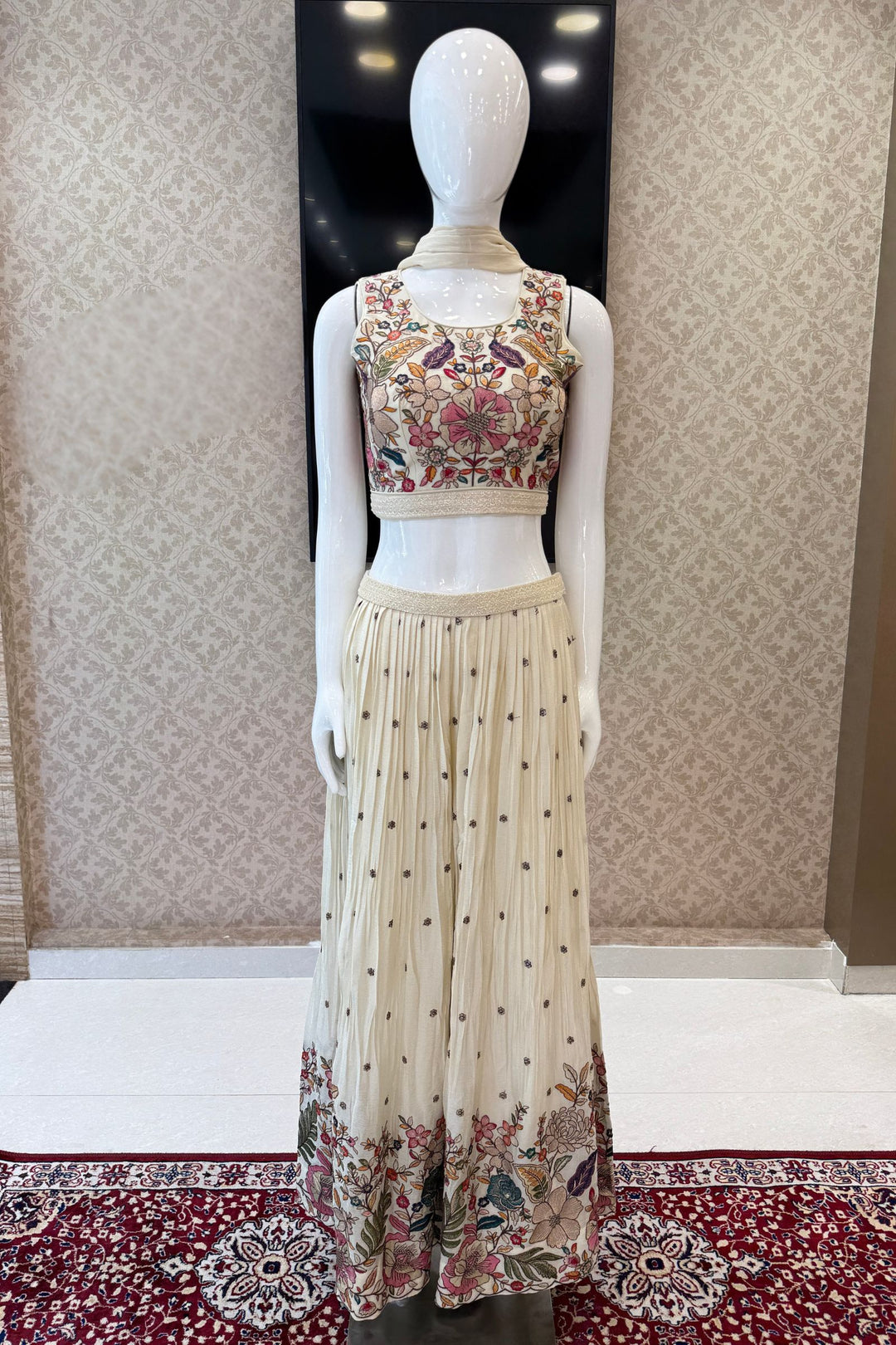 Half White Floral Embroidered Palazzo Set