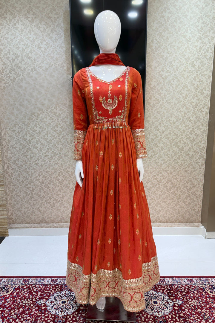 Orange Banaras, Sequins, Zari and Beads work Floor Length Anarkali Suit