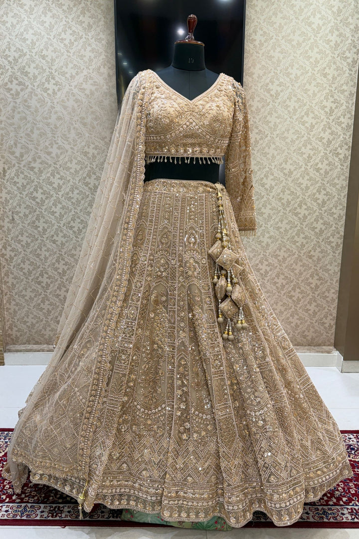 Beige Sequins, Pearl and Zari work Flared Lehenga Set with Peacock Motifs