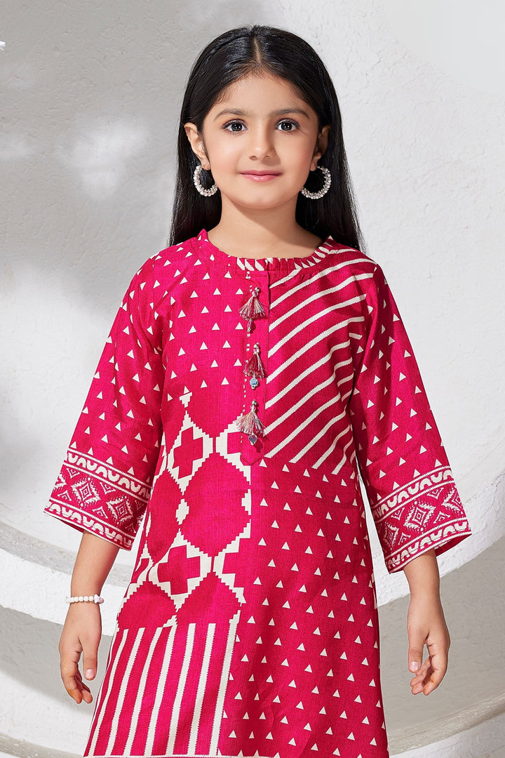 Rani Pink Digital Print A-Line Cut Salwar Suit for Girls