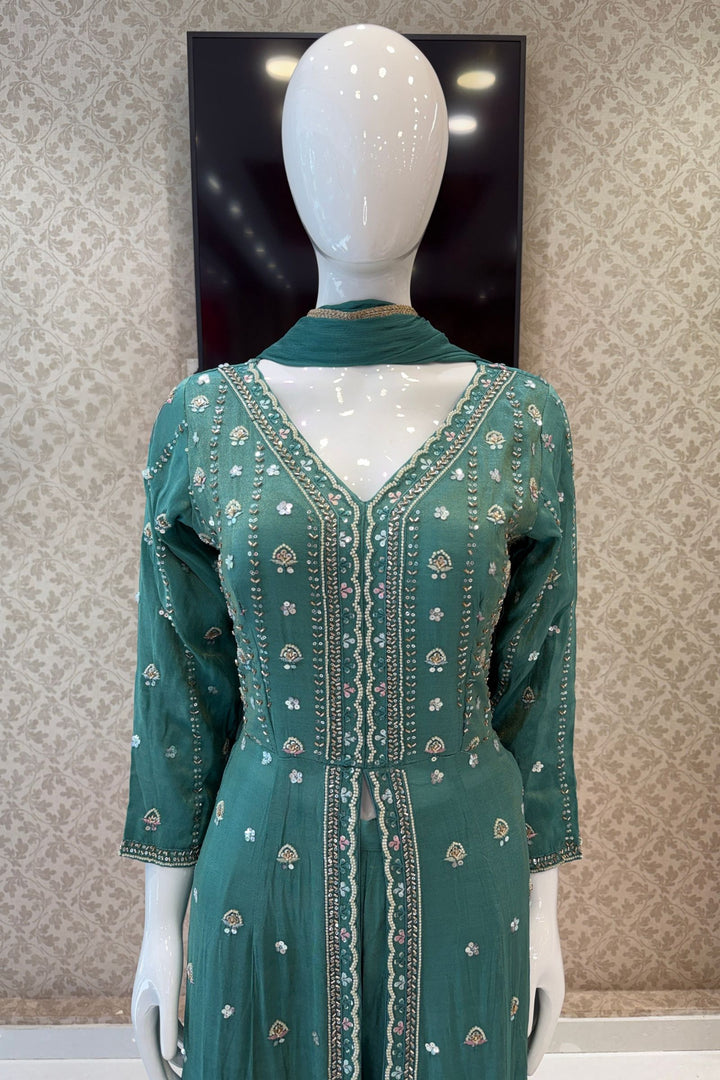 Sea Green Beads, Sequins and Thread work Long Top with Straight Pant