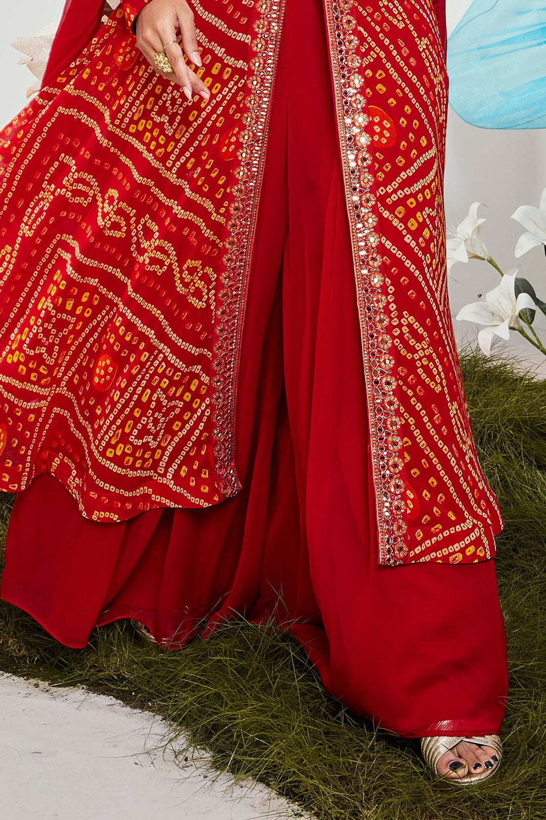 Red Mirror, Zari and Sequins work with Bandini Print Salwar Suit with Palazzo Pants