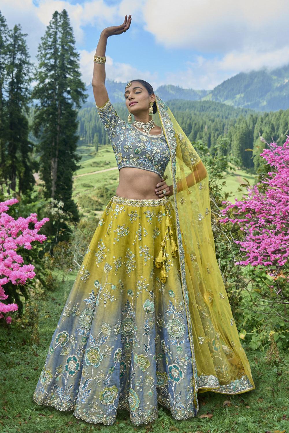 Yellow lehenga with maroon choli and mint green dupatta To purchase this  product mail us at houseof2… | Designer lehenga choli, Bridal lehenga  choli, Lehenga online