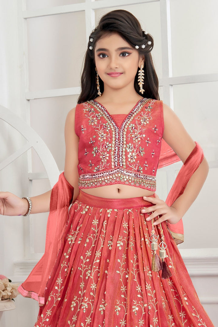 Tomato Red Mirror, Zardozi, Zari, Beads and Sequins work Lehenga Choli for Girls