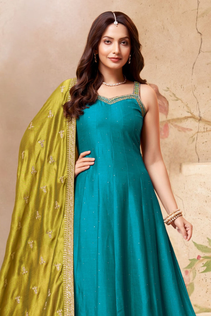 Rama Blue Stone, Thread, Zari and Zardozi work Anarkali Style Salwar