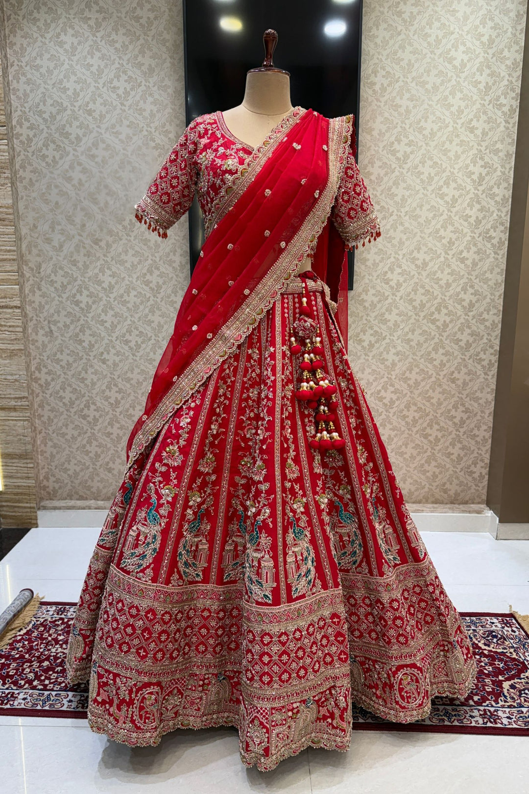 Red Handcrafted Bridal Lehenga with Intricate Zardozi, Sequins, Pearl and Zari Detailing