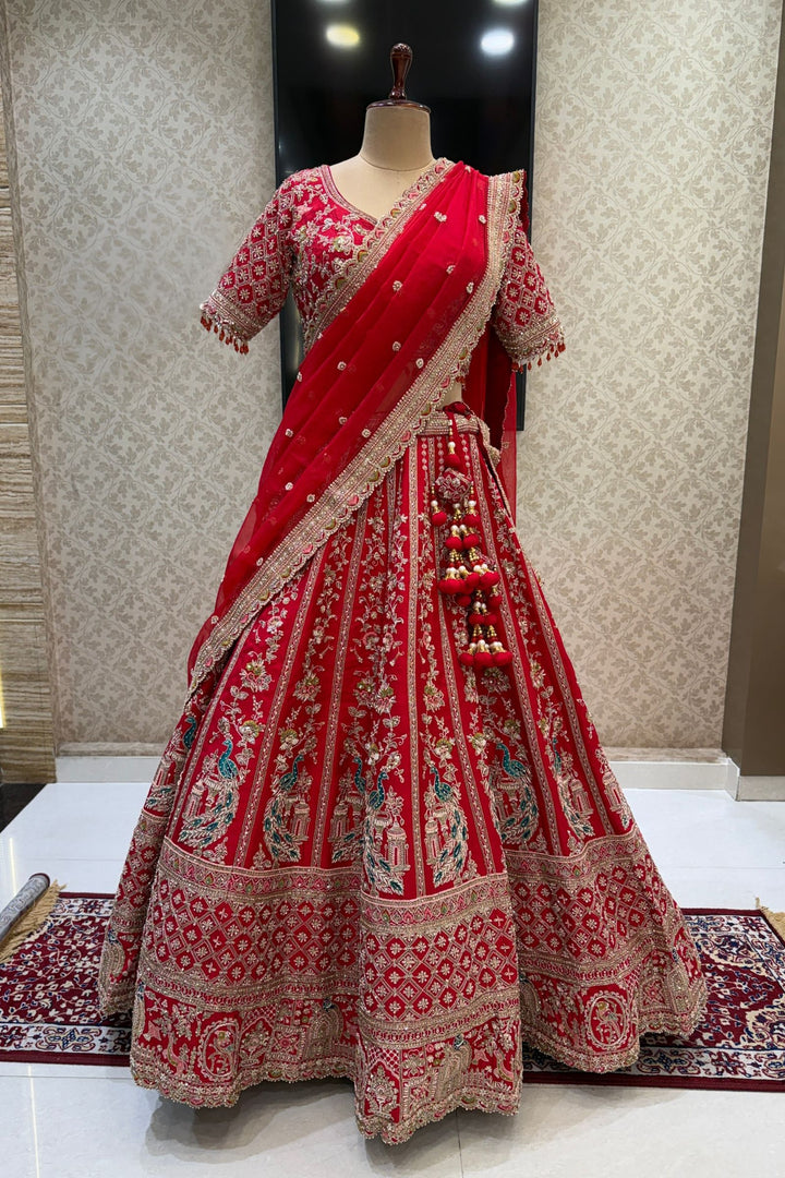 Red Handcrafted Bridal Lehenga with Intricate Zardozi, Sequins, Pearl and Zari Detailing