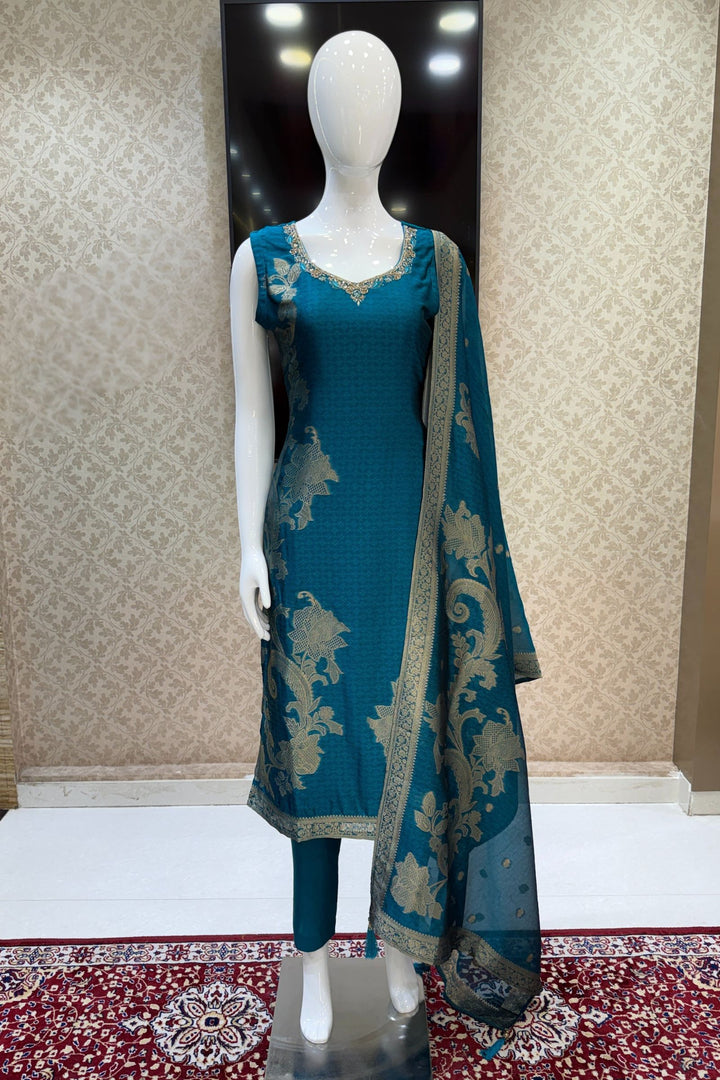 Peacock Green Banaras, Stone, Zardozi, Beads and Zari work Straight Cut Salwar Suit