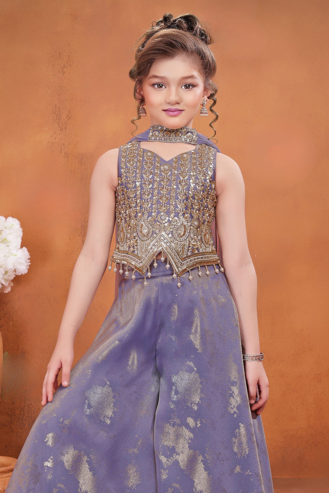 Lilac Beads, Sequins and Zari work Palazzo Suit Set for Girls