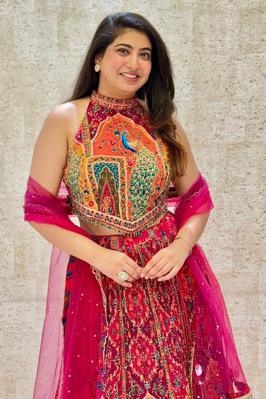 Majestic Peacock Motif Printed Lehenga Set with Embellished Halter Blouse