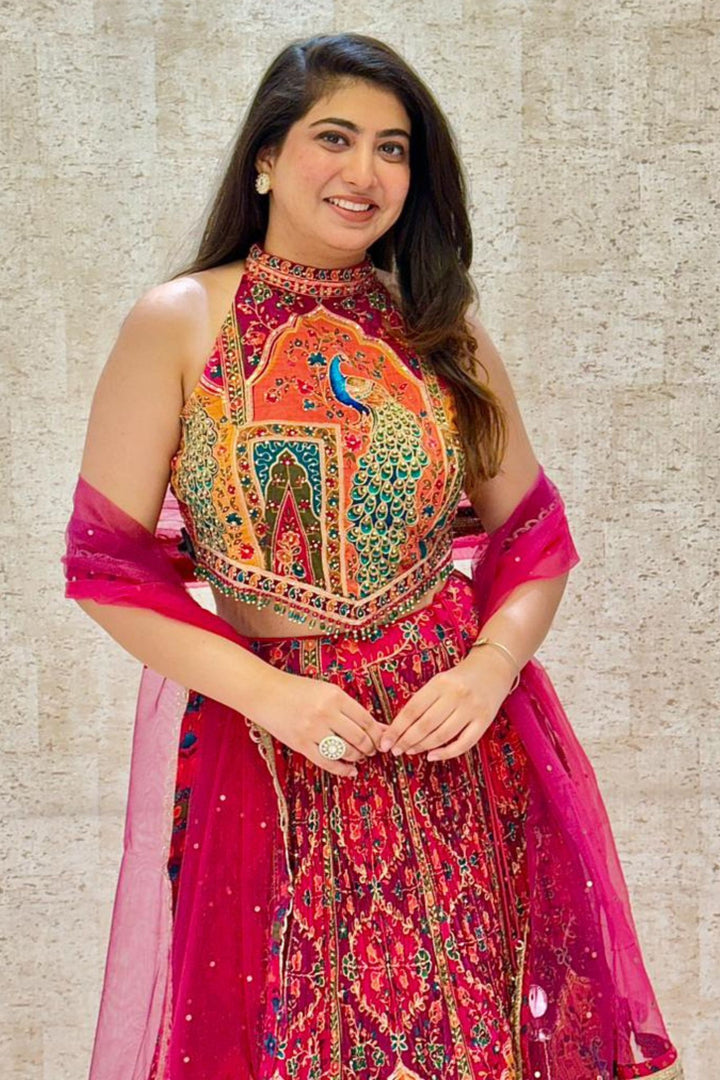 Majestic Peacock Motif Printed Lehenga Set with Embellished Halter Blouse