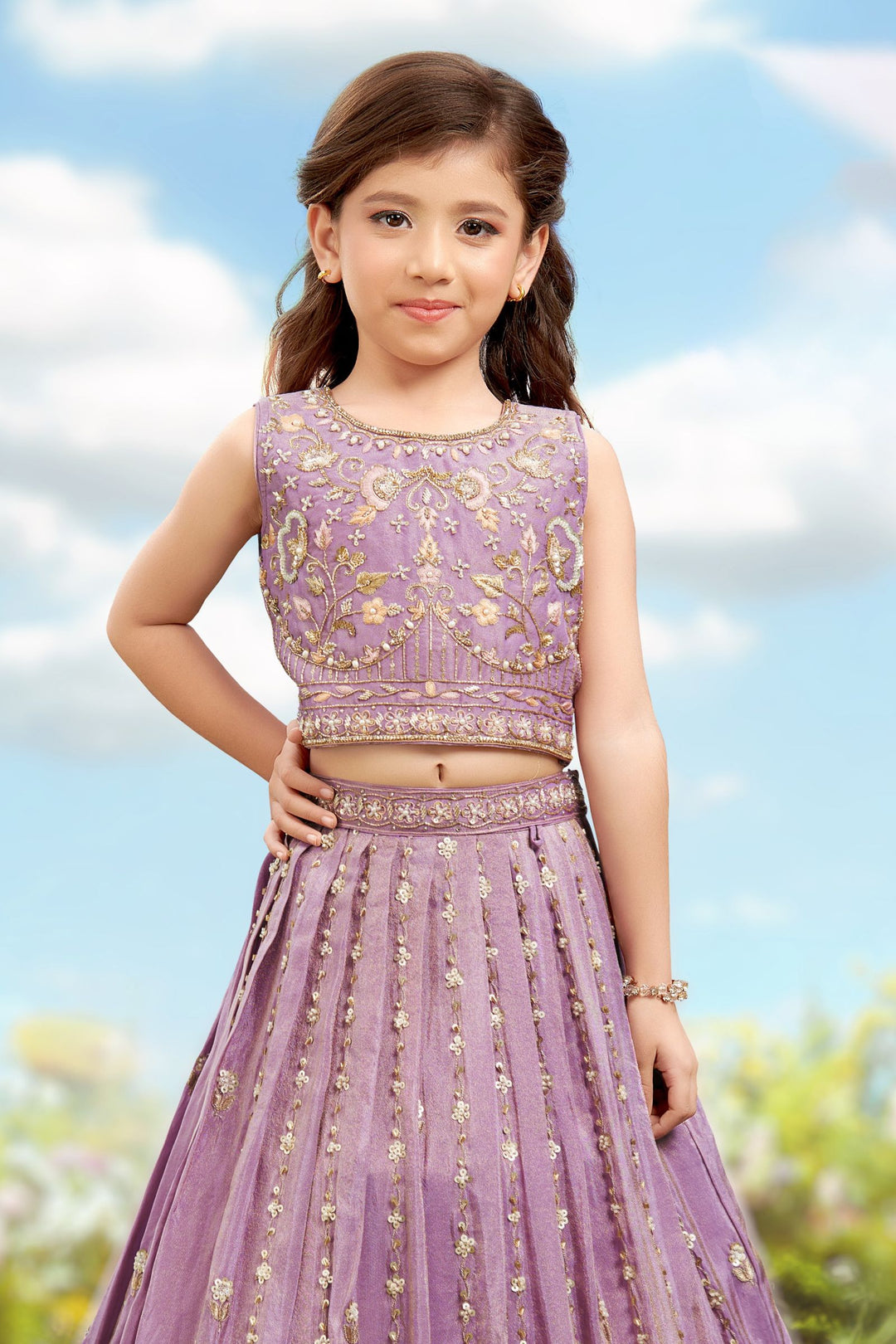 Light Purple Beads, Zari, Sequins and Stone work Lehenga Choli for Girls