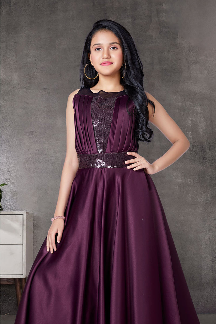 Wine Sequins work Long Party Gown for Girls