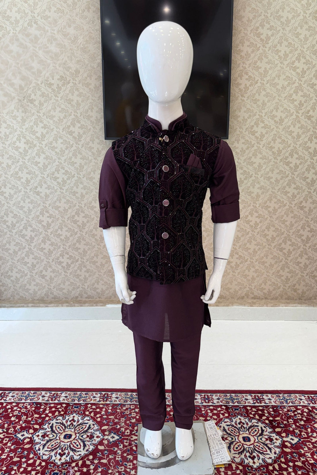 Wine Sequins, Beads and Thread work Waist Coat Kurta Set for Boys
