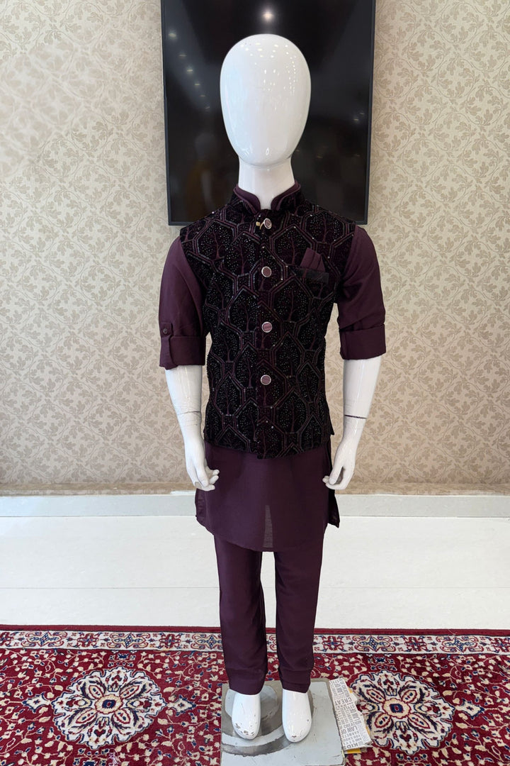 Wine Sequins, Beads and Thread work Waist Coat Kurta Set for Boys