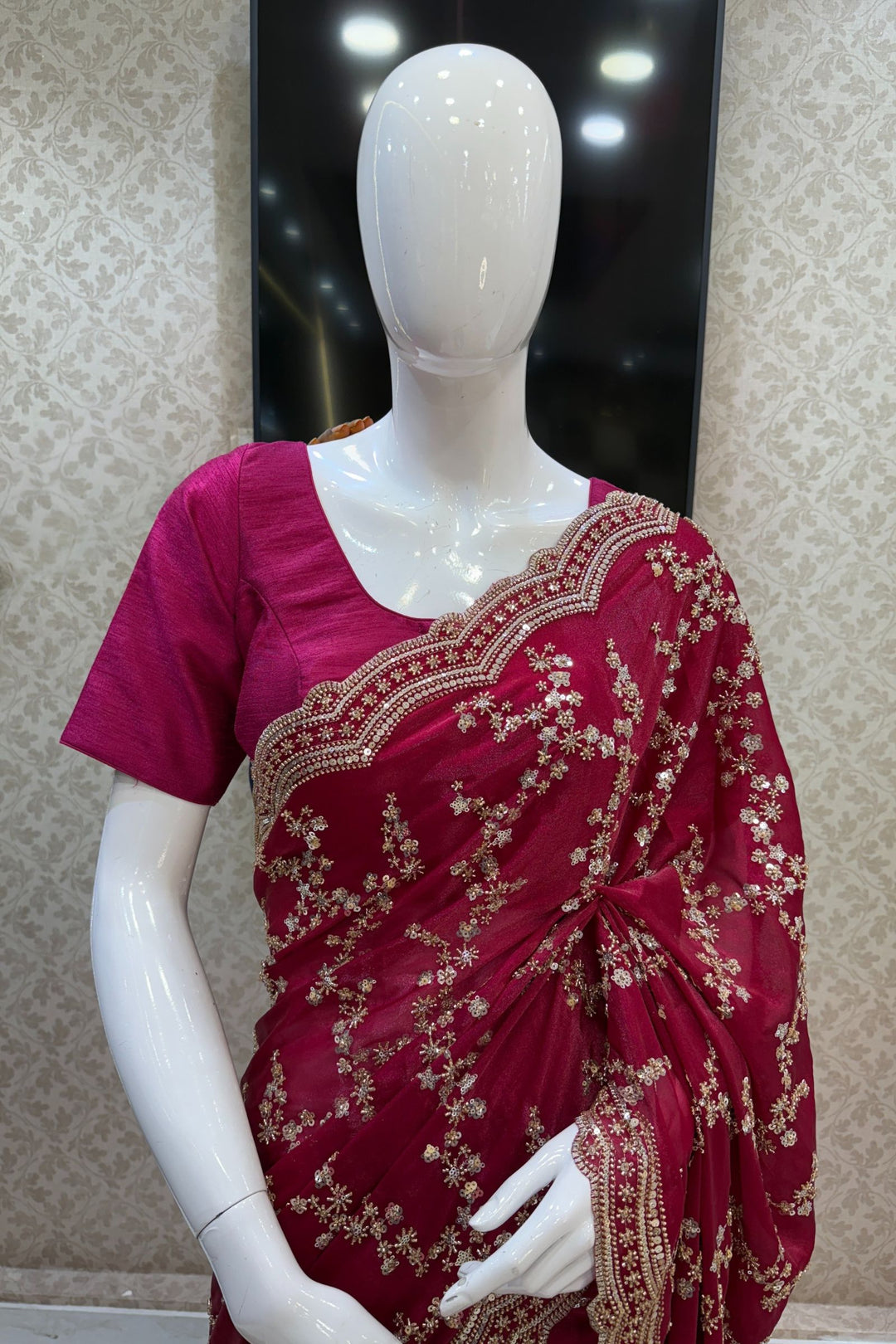 Magenta Beads, Zari and Sequins work Saree