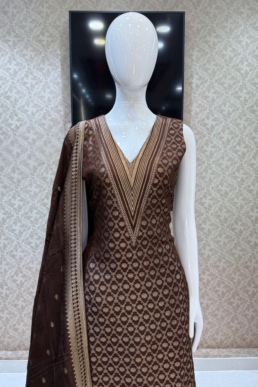 Brown Banaras work V-Neck Straight Cut Salwar Suit