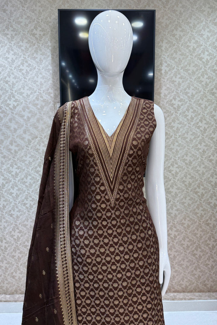 Brown Banaras work V-Neck Straight Cut Salwar Suit