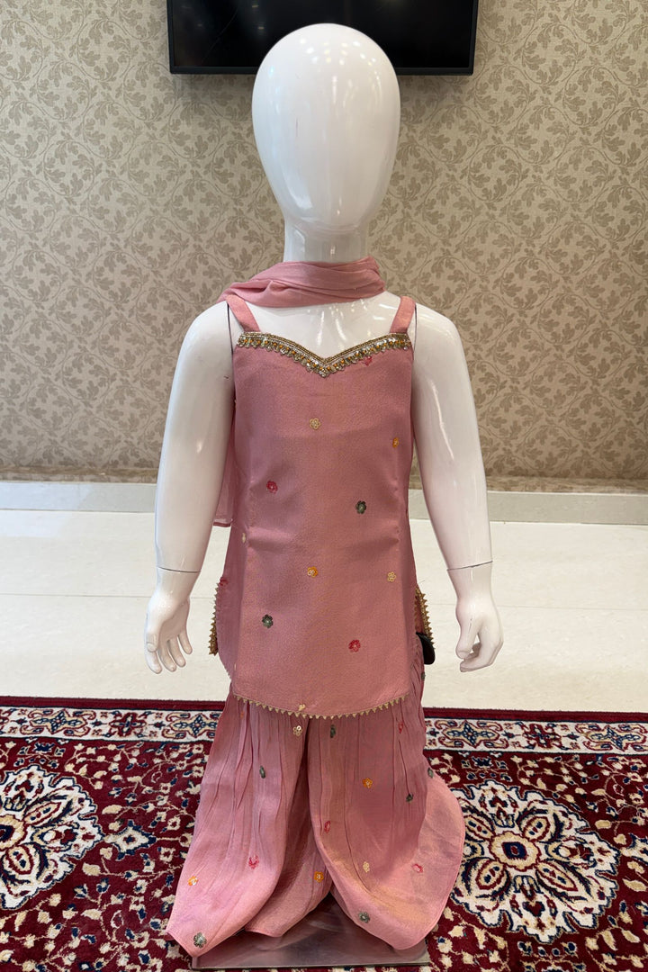Onion Pink Sequins and Beads work Sharara Suit Set for Girls
